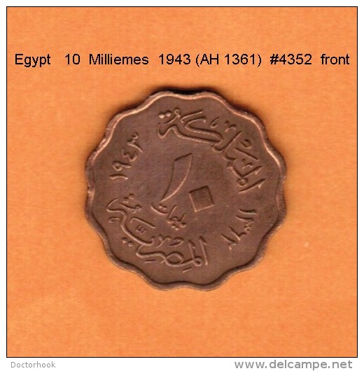 EGYPT   10  MILLIEMES  1943---AH 1362  (KM # 361) - Egypt