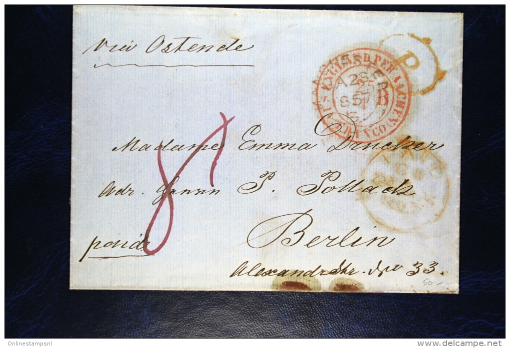 Great Britain: Cover 1857  Manchester Via Oostende Belgium To Berlin, England Per Aachen Franco Cancel In Red - Briefe U. Dokumente