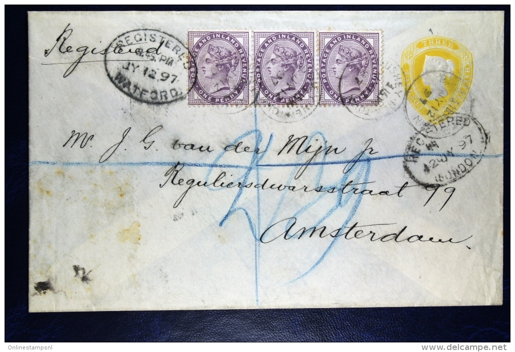 Great Britain: 1897 Private Issued Cover Uprated Registered From Watford To Amsterdam, Strip Of 3 - Material Postal