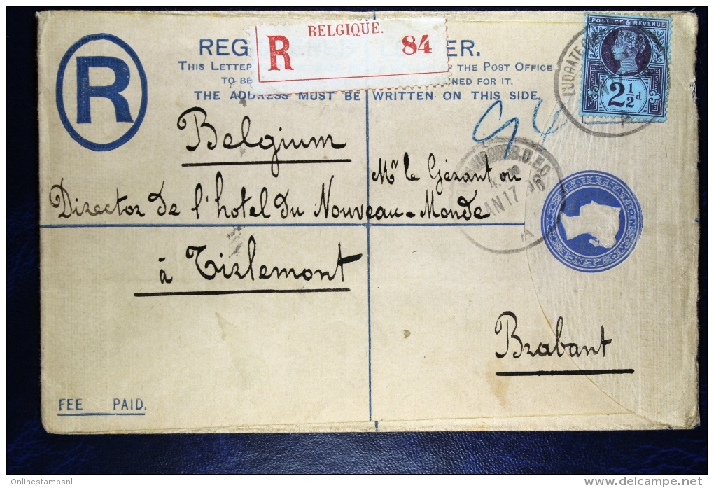 Great Britain: Uprated Registered Cover To Tirlemont/ Tienen Belgium, Via Brussels+ Extra R Label Belgique - Postwaardestukken