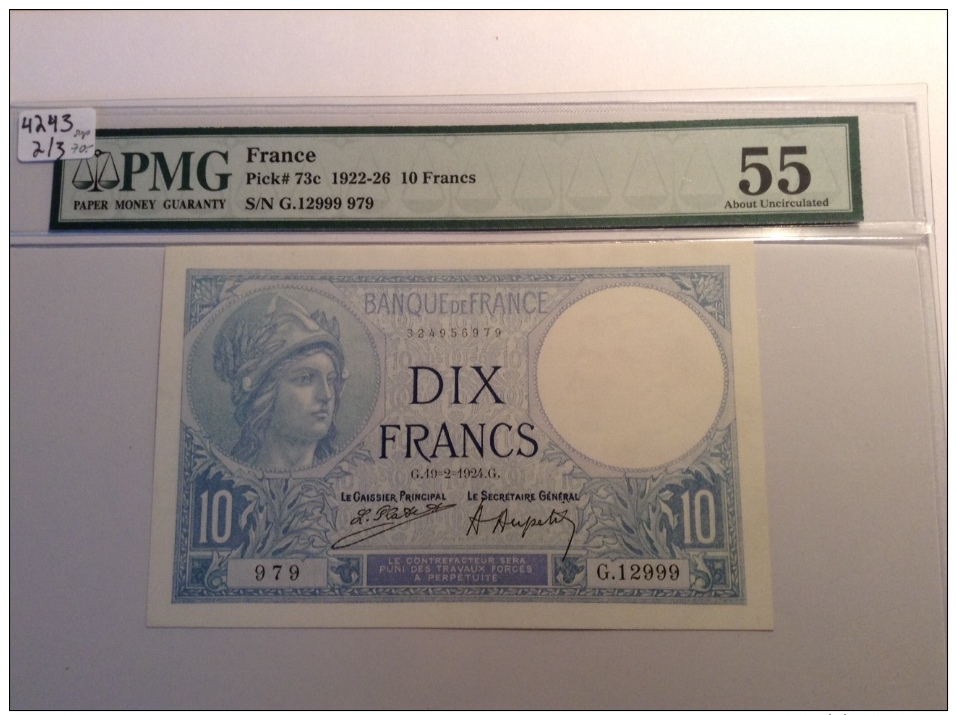 France Billet De 10 Francs 19. 2.1924 Minerve, Type 1915, Fayette 6-8 Quasiment Neuf: PMG AU55 - 10 F 1916-1942 ''Minerve''