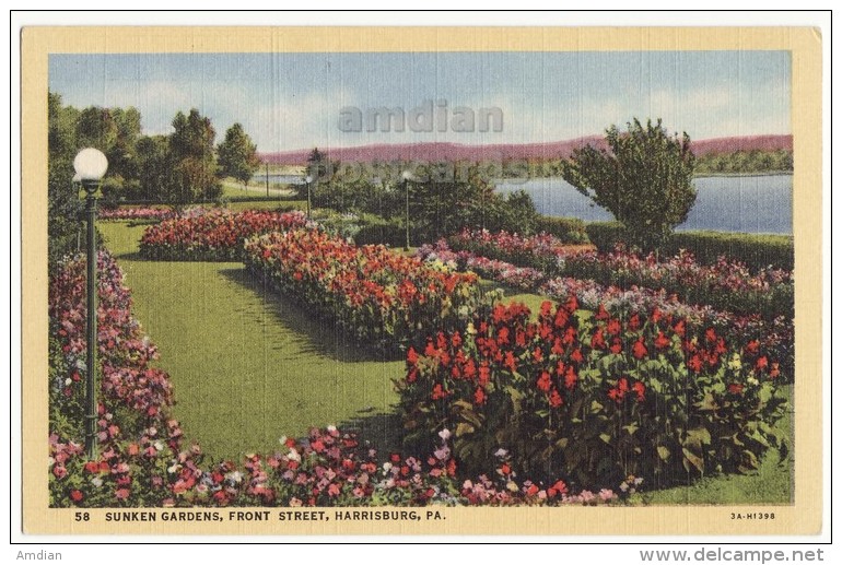 HARRISBURG PA  Front Street, Sunken Gardens C1940s Linen Vintage Pennsylvania Postcard - City View - Harrisburg