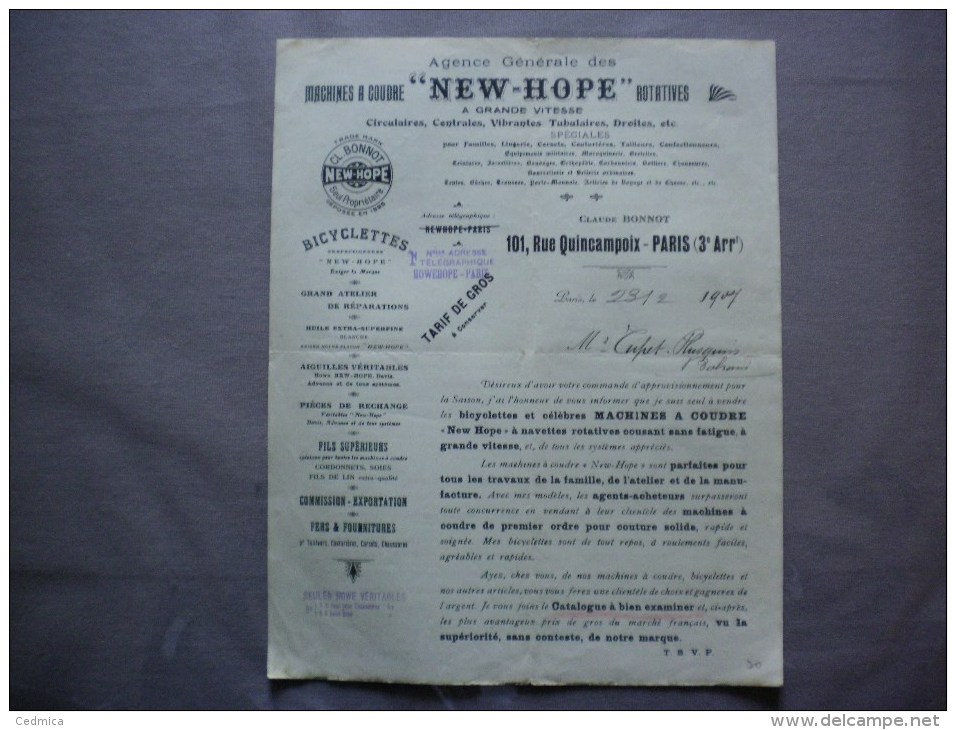 PARIS CLAUDE BONNOT AGENCE GENERALE DES MACHINES A COUDRE ET BICYCLETTES "NEW-HOPE" 101 RUE QUINCAMPOIX COURRIER DE 1907 - 1900 – 1949