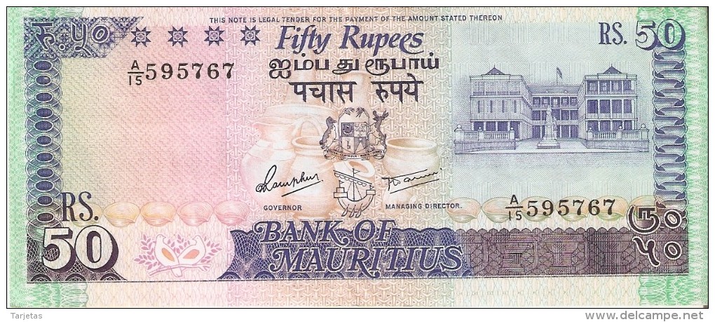 BILLETE DE MAURITIUS DE 50 RUPEES DEL AÑO 1986 (BANKNOTE) CIERVO-DEER-MARIPOSA-BUTTERFLY - Mauricio