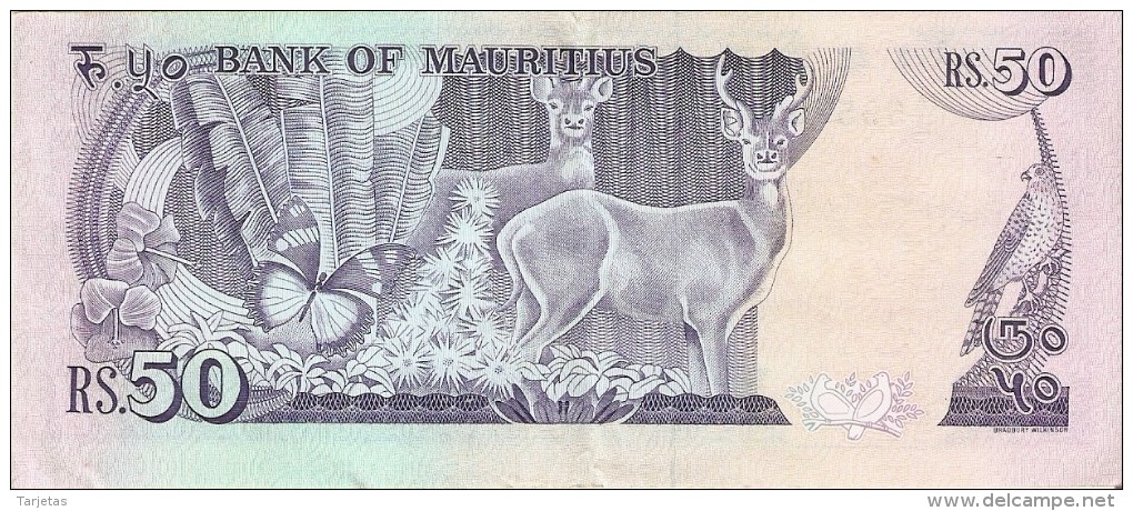 BILLETE DE MAURITIUS DE 50 RUPEES DEL AÑO 1986 (BANKNOTE) CIERVO-DEER-MARIPOSA-BUTTERFLY - Mauricio