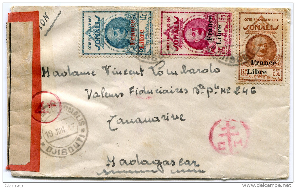 COTE FRANCAISE DES SOMALIS FRANCE LIBRE LETTRE PAR AVION CENSUREE DEPART DJIBOUTI 19 JUN 43 POUR MADAGASCAR - Lettres & Documents