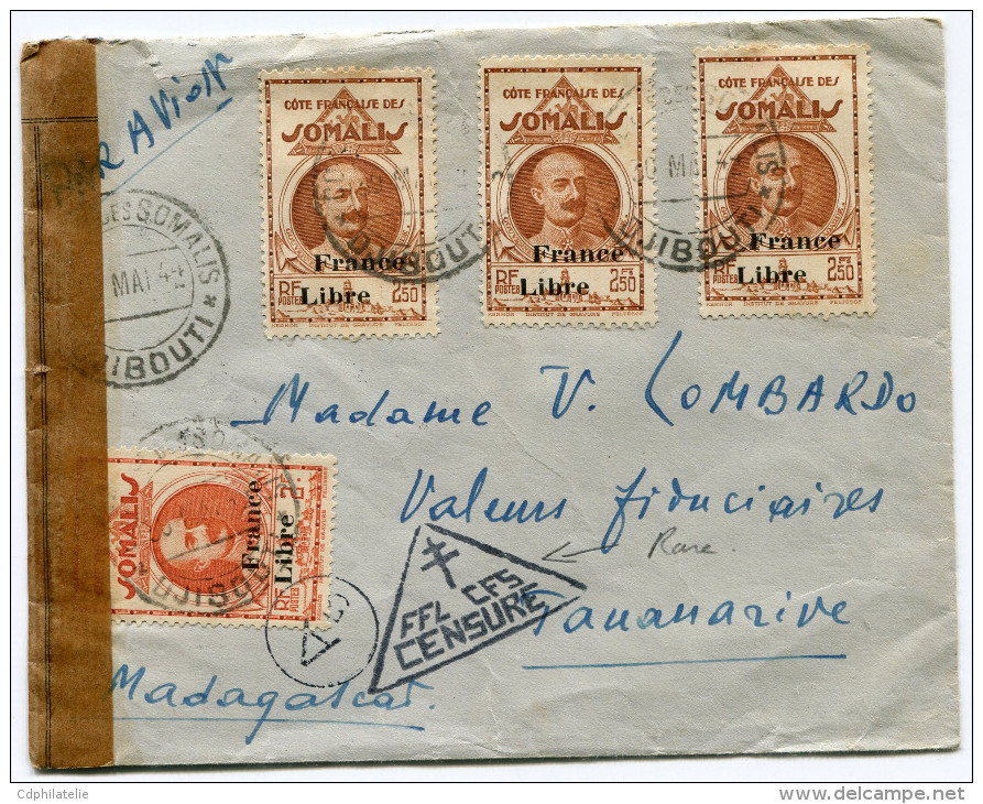 COTE FRANCAISE DES SOMALIS FRANCE LIBRE LETTRE PAR AVION CENSUREE DEPART DJIBOUTI 30 MAI 44 POUR MADAGASCAR - Lettres & Documents