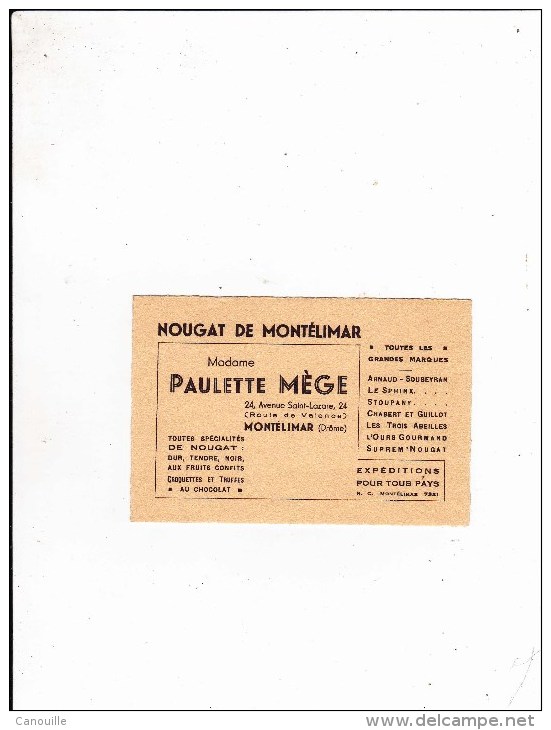 Montélimar - Carte Visite Nougat - Paulette Mège ... - Cartes De Visite
