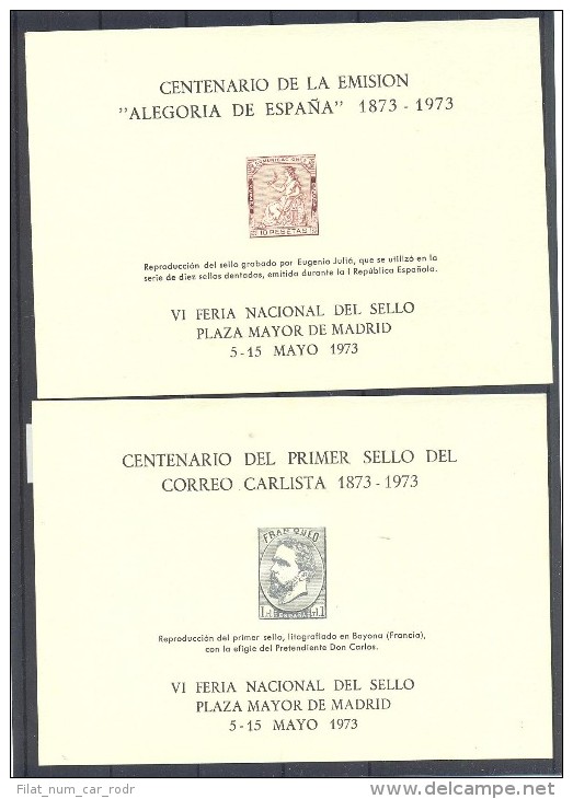 H.B CENTENARIO DEL PRIMER SELLO CARLISTA 1873-1973 Y CENTANARIO ALEGORIA DE ESPAÑA 1873-1973 - Hojas Conmemorativas