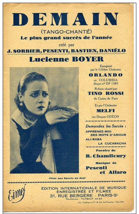 40-60 PARTITION LUCIENNE BOYER DEMAIN RARE VERSION TANGO ROSSI JEAN SORBIER BASTIEN ORLANDO MELFI PESENTI ALFARO 33 - Other & Unclassified