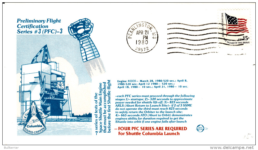 SPACE -  USA- 1980 - SHUTTLE  PFC TEST   COVER  WITH   PEARLINGTON   APR 21  POSTMARK - Europe