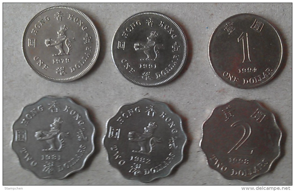 Hong Kong 3x $1.00 & 3x $2.00 Coins Used - Hong Kong