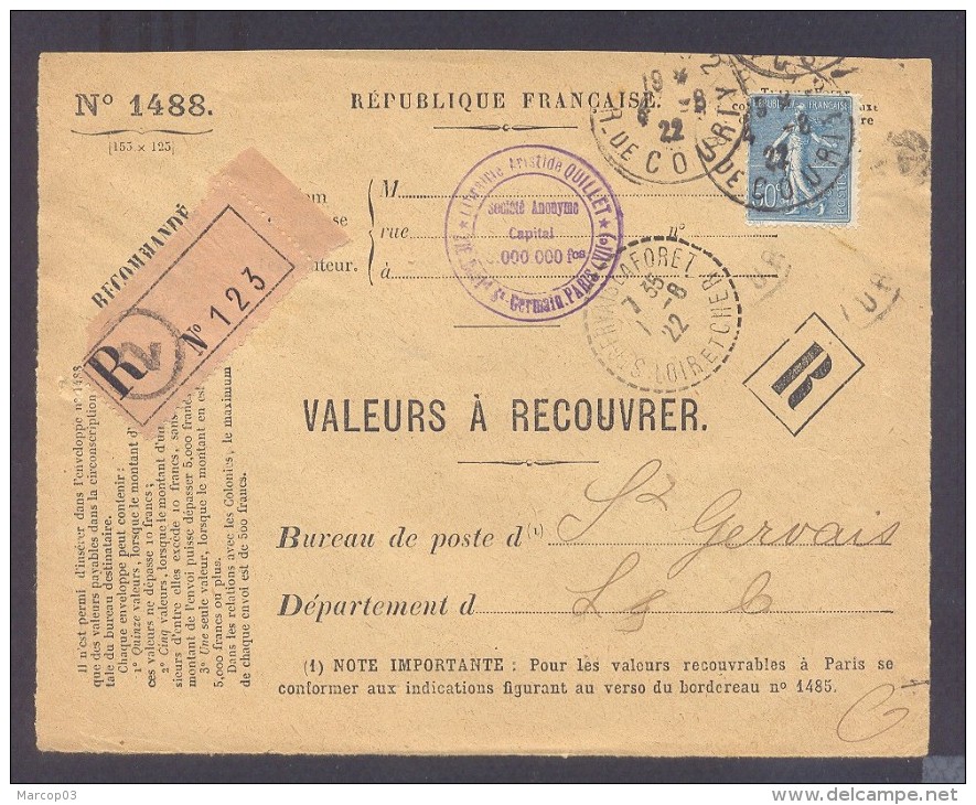 RECOUVREMENT / VALEURS A RECOUVRER Devant Env 1488 Tarif 50 C Tarif 01/04/1920 PARIS 50 C Semeuse - 1921-1960: Modern Period