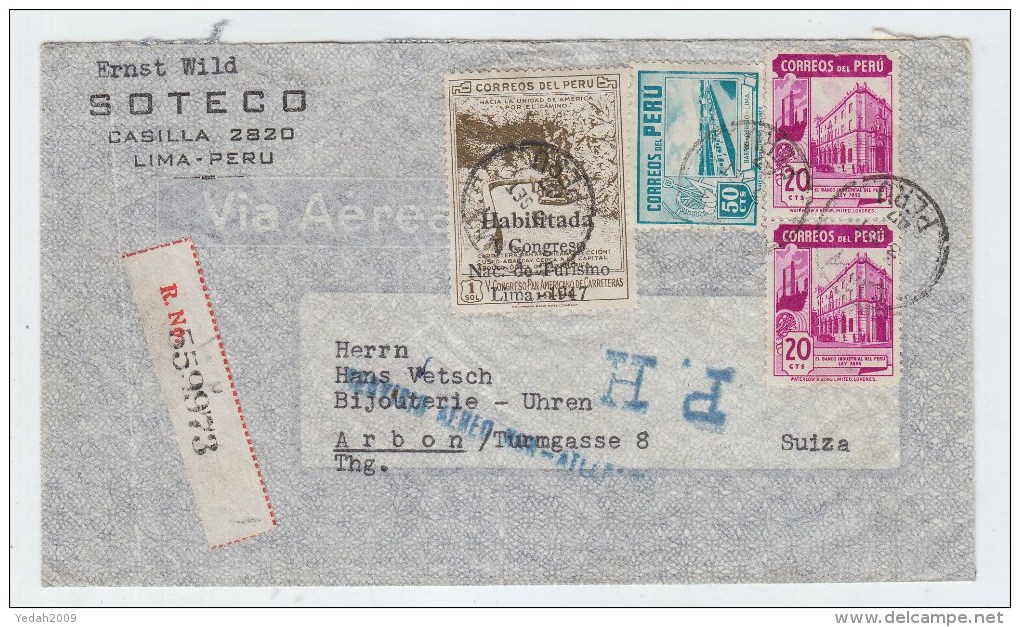 Peru/Switzerland REGISTERED AIRMAIL COVER 1947 - Peru