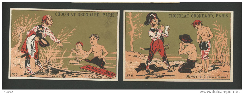 Chocolat  Grondard, Lot De 2  Chromo Lith. Testu & Massin TM34-16, Thème Gendarmes, Gardien, Baigneurs, Humour - Félix Potin