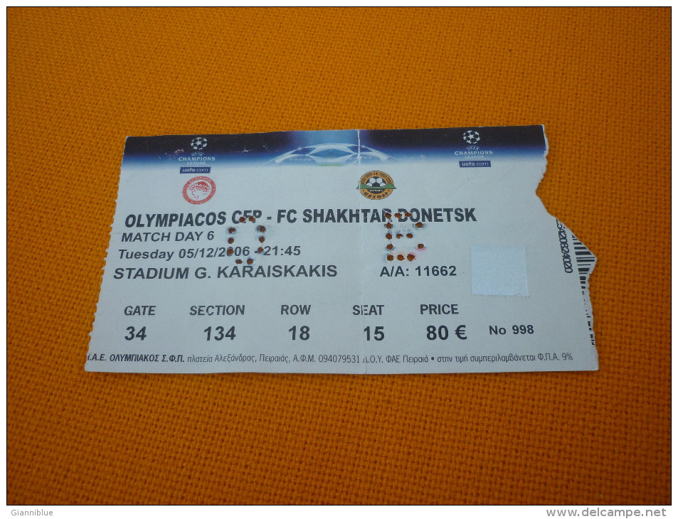 Olympiacos-Shakhtar Donetsk UEFA Champions League Football Match Ticket Stub 05/12/2006 - Match Tickets