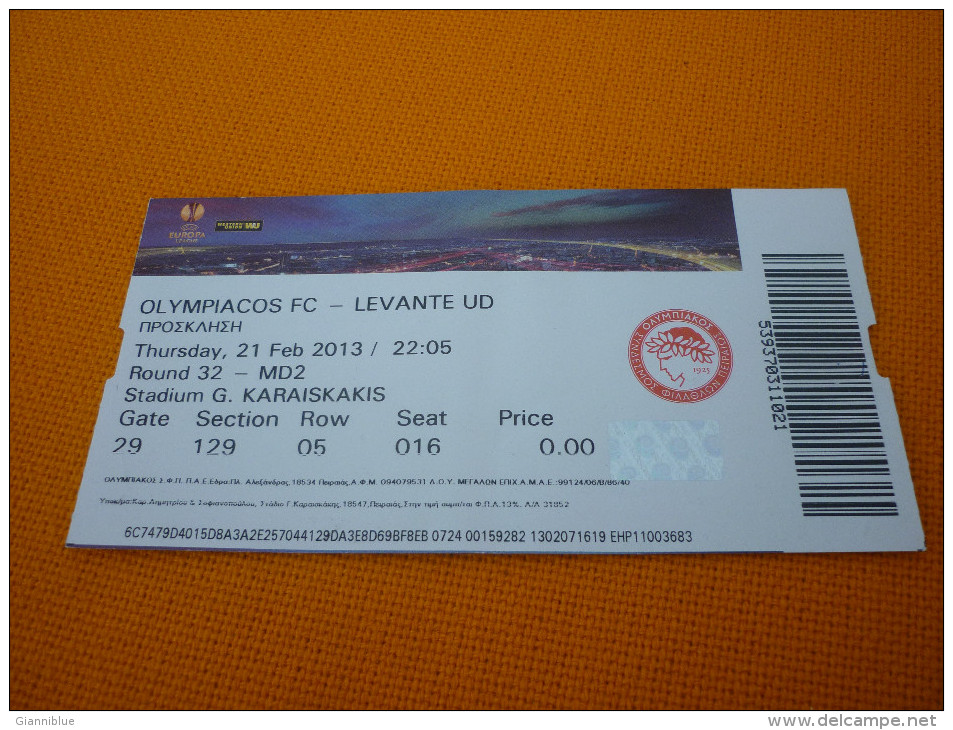 Olympiacos-Levante UEFA Europa League Football Match Ticket Stub 21/2/2013 - Eintrittskarten