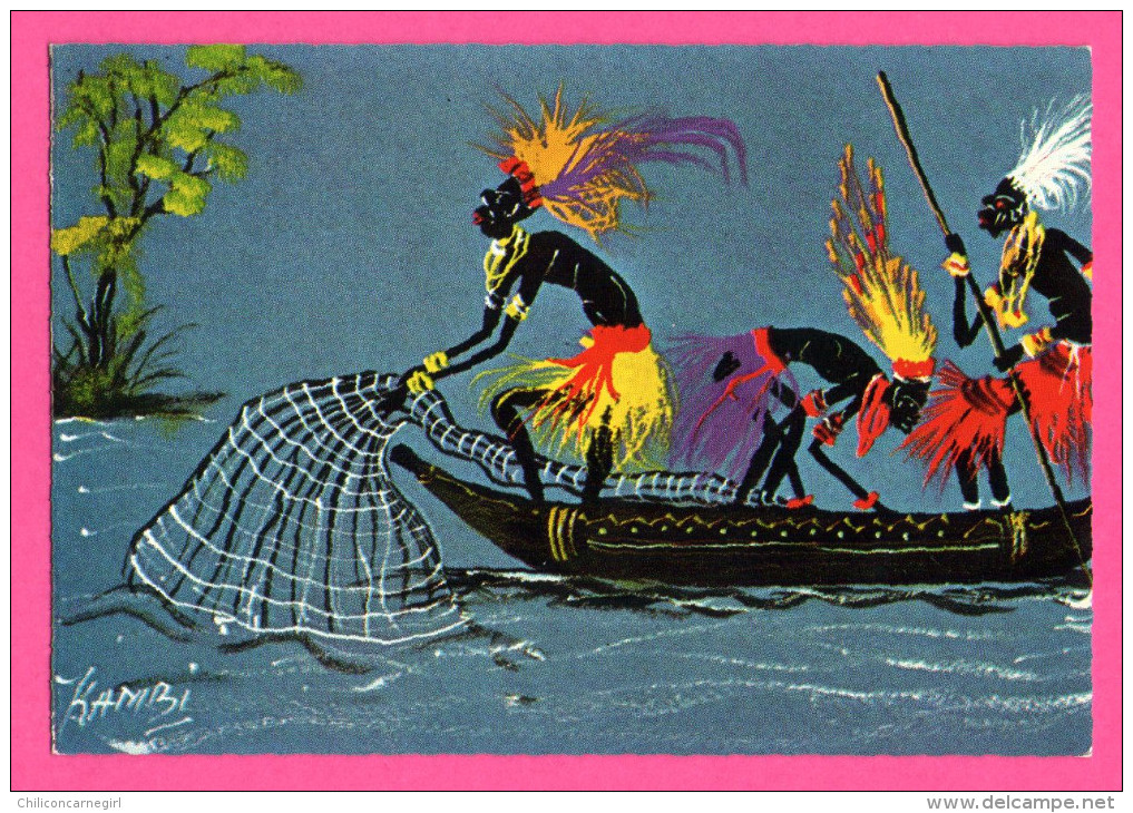 Chromo Calendrier 1967 - KAMBI - Pirogue Avec Africains Et Costumes - Filet - Autres & Non Classés