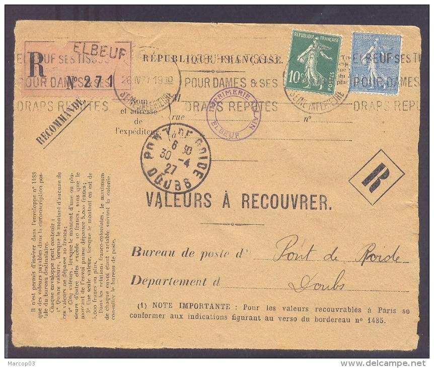 RECOUVREMENT / VALEURS A RECOUVRER Devant Env 1488 Tarif 1,1 Fr Tarif 09/08/1926  1 Fr Et 10 C Semeuse - 1921-1960: Modern Tijdperk