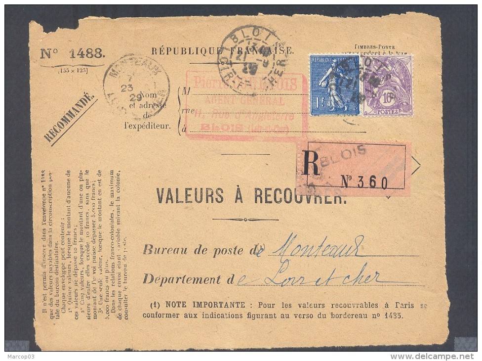 RECOUVREMENT / VALEURS A RECOUVRER Devant Env 1488 Tarif 1,1 Fr Tarif 09/08/1926 Blois  1 Fr Semeuse 10 C Blanc - 1921-1960: Moderne