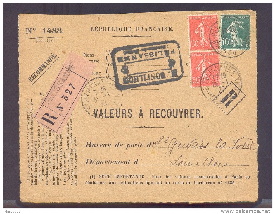 RECOUVREMENT / VALEURS A RECOUVRER Devant Env 1488 Tarif 1,1 Fr Tarif 09/08/1926 Pelissanne 50 C X 2 Et 10 C  Semeuse - 1921-1960: Moderne