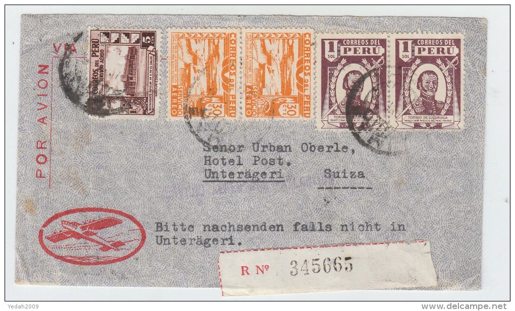 Peru/Switzerland REGISTERED AIRMAIL COVER 1946 - Peru