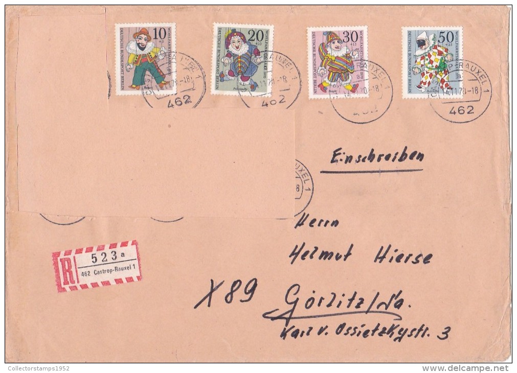 47FM REGISTERED COVER , 4 STAMPS  ONE CUT STAMPS BERLIN DOLLS 1971, GERMANIA - Marionetas