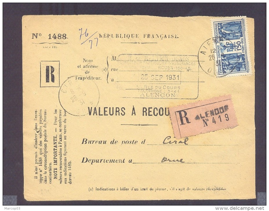 RECOUVREMENT / VALEURS A RECOUVRER Devant Env 1488 Tarif 1,5 Fr Tarif 21/04/1930 Alencon 1,50 Exposition Internationale - 1921-1960: Période Moderne