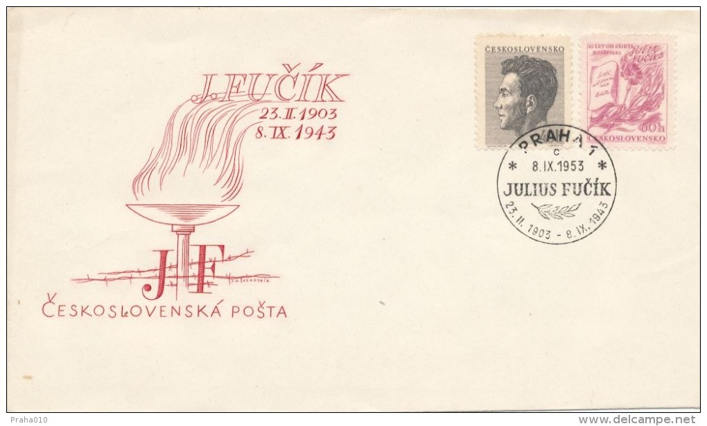 Czechoslovakia / First Day Cover (1953/17) Praha 1 (c): Julius Fucik (1903-1943) Cz. Journalist "Notes From The Gallows" - 2. Weltkrieg