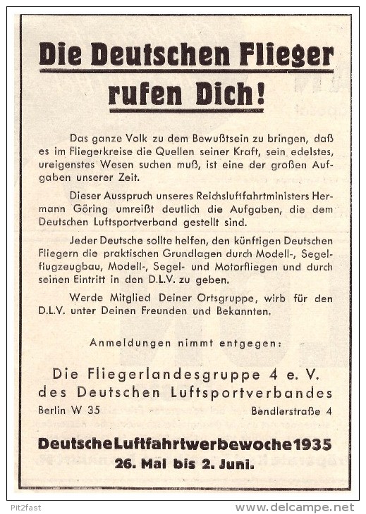 Original Werbung - 1935 , Luftwaffe , Fliegerlandesguppe 4 , Deutsche Flieger Rufen Dich !!! - Luchtvaart