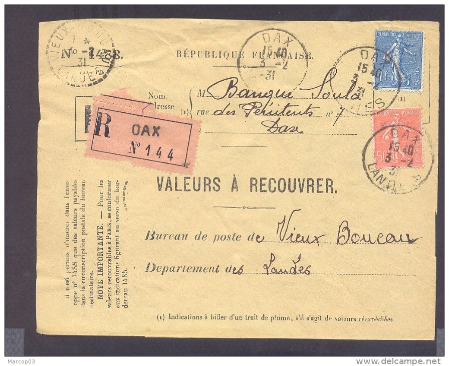 RECOUVREMENT / VALEURS A RECOUVRER Devant Env 1488 Tarif 1,5 Fr Tarif 21/04/1930 Dax 1 Fr  Et 50 C Semeuse - 1921-1960: Moderne