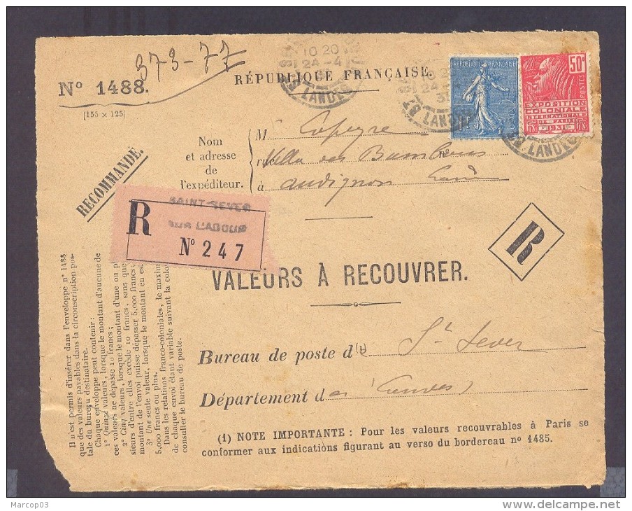 RECOUVREMENT / VALEURS A RECOUVRER Devant Env 1488 Tarif 1,5 Fr Tarif 21/04/1930 St Sever 50 C Exposition Internationale - 1921-1960: Modern Period