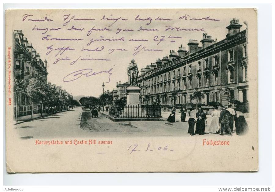 NT1/ 1906 Folkestone Harveystatue And Castle Avenue, Stengel Dresden, To Limburg Lahn Germany - Folkestone