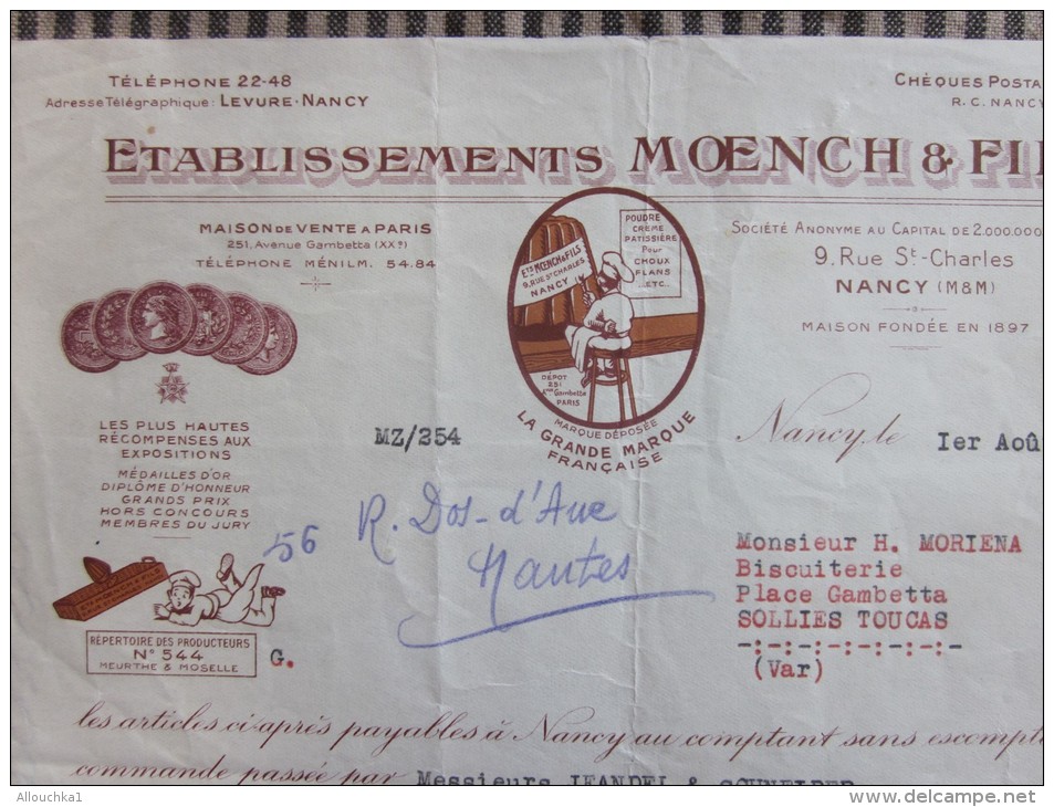 1939 Facture Etb Moench Pâtisserie Nancy>épicerie Biscuit Toulon Casino Solliés Toucas+usine Fermée Aout>congé Payés - Alimentaire