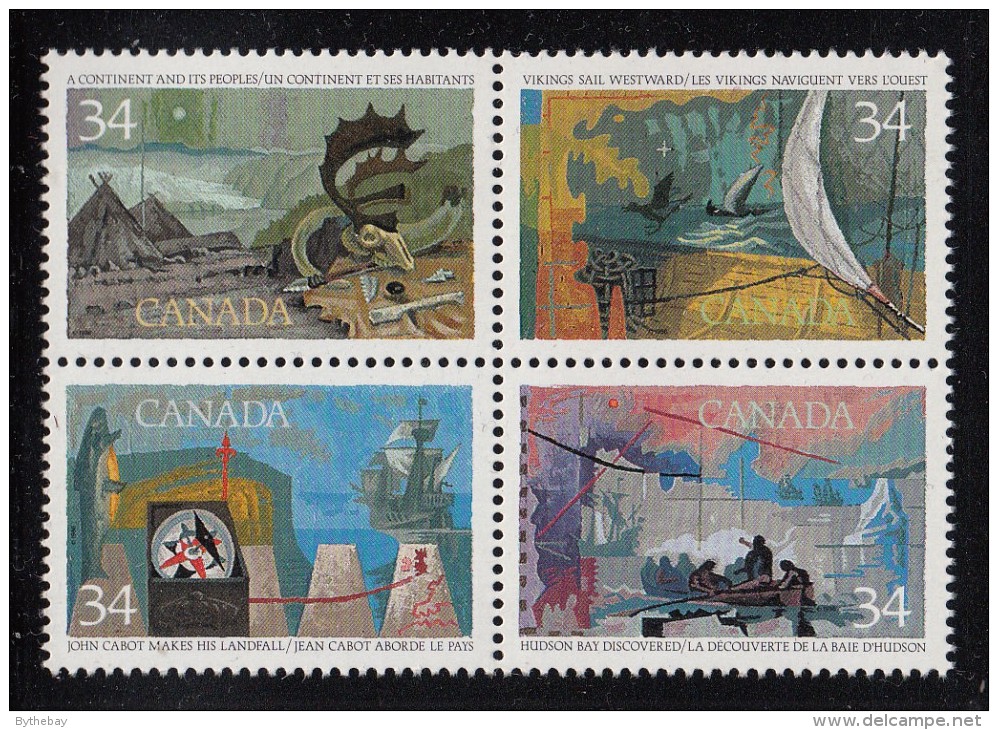 Canada MNH Scott #1107a Block Of 4 34c Exploration Of Canada I - Discoverers With #1104i Crossed ´N´ In ´CANADA´ - Errors, Freaks & Oddities (EFO)