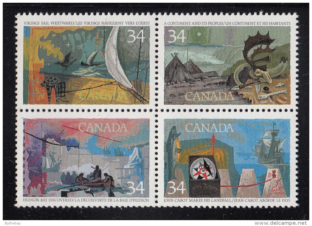 Canada MNH Scott #1107a Block Of 4 34c Exploration Of Canada I - Discoverers With #1106 Variety Sea Froth Front Of Ship - Errors, Freaks & Oddities (EFO)
