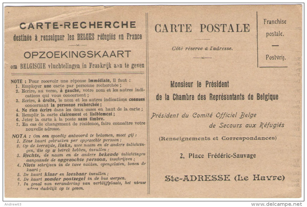 BELGIO - BELGIE - BELGIQUE - Carte-Recherche Destinée à Renseigner Le BELGES Réfugiés En France - Franchise Postale -... - Zonder Portkosten