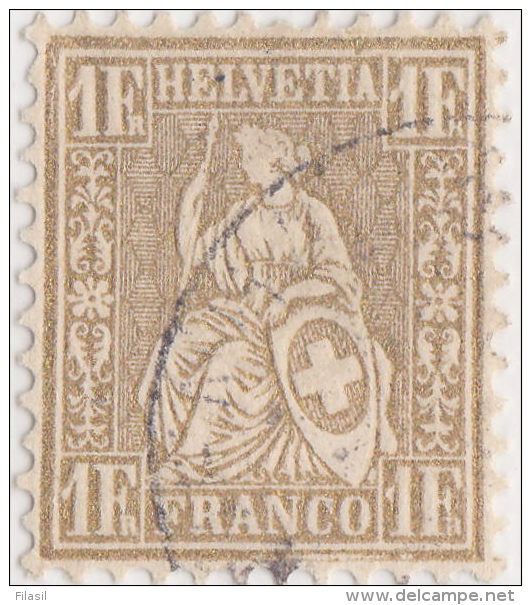 SI53D Svizzera Suisse Helvetia 1 Franco Gold  Usato Con Annullo  1862 Centrato - Gebraucht