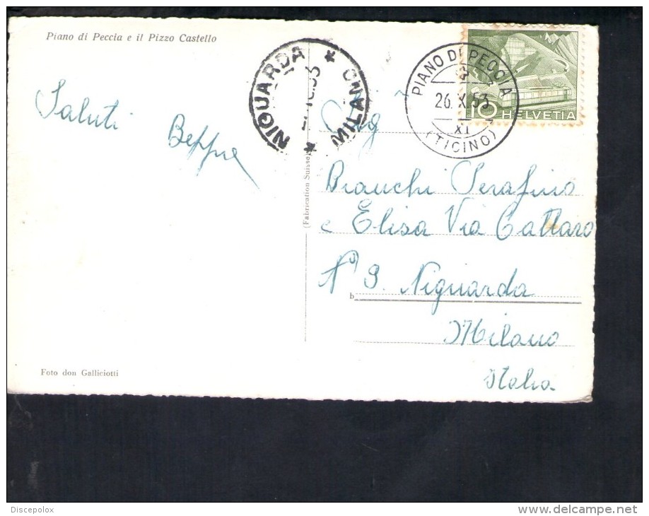 F2464 Annullo Storia Postale Piano Di Peggia 1953 Milano NIguardia - Card Piano Di Peggia E Pizzo Castello - Storia Postale