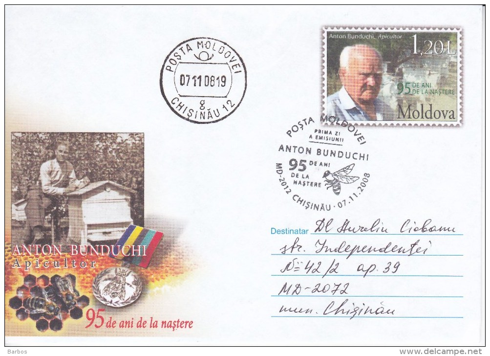 MOLDOVA ; MOLDAVIE ;  MOLDAWIEN ; MOLDAU ; 2008 ; A. Bunduchi-Beekeeper ; Bees  ; Pre-paid Envelope ; FDC - Moldova