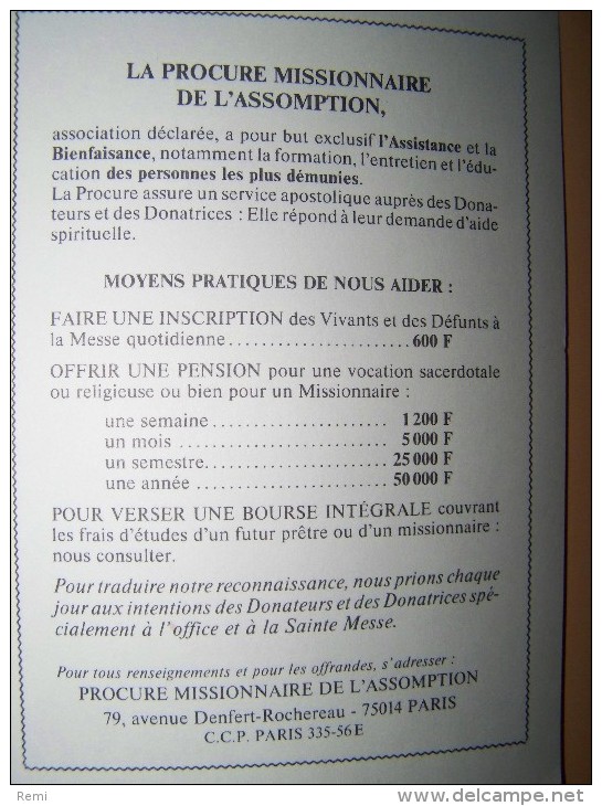 CALENDRIER 1991 PROCURE MISSIONNAIRE DE L´ASSOMPTION Religion - Small : 1991-00