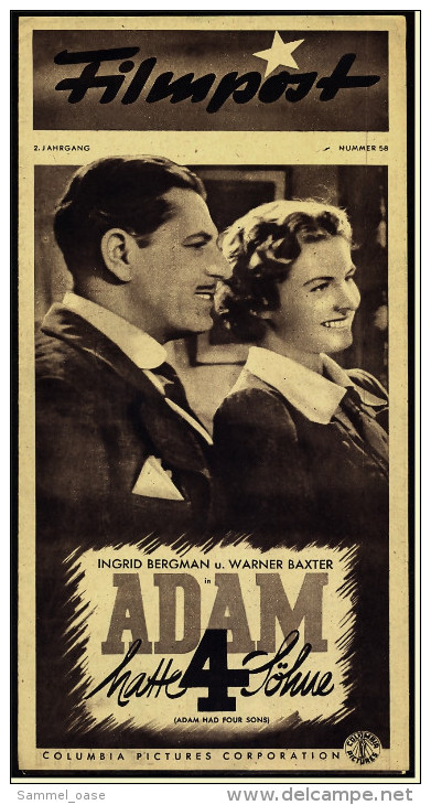 "Filmpost" "Adam Hatte 4 Söhne" Mit Ingrid Bergmann , Warner Baxter  -  Filmprogramm Nr. 58 Von Ca. 1947 - Sonstige & Ohne Zuordnung
