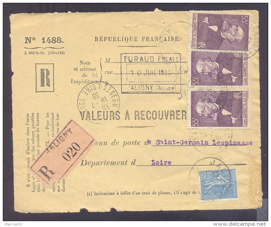 RECOUVREMENT / VALEURS A RECOUVRER Devant Env 1488 Tarif 2,15 Fr Tarif 12/07/1937  55 C Gambetta 50 C Semeuse - 1921-1960: Modern Period