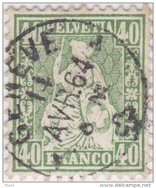 SI53D Svizzera Suisse Helvetia 40 C.  Franco Verde  Usato Con Annullo GENEVE 1862 - Oblitérés