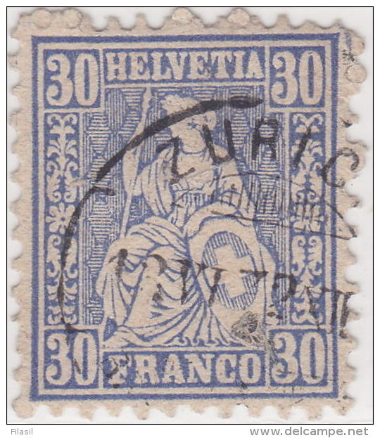 SI53D Svizzera Suisse Helvetia 30 C.  Franco Azzurro  Usato Con Annullo ZURIGO 1862 - Usados