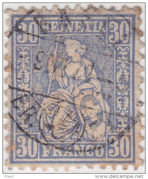 SI53D Svizzera Suisse Helvetia 30 C.  Franco Azzurro  Usato Con Annullo BASEL 1862 - Oblitérés