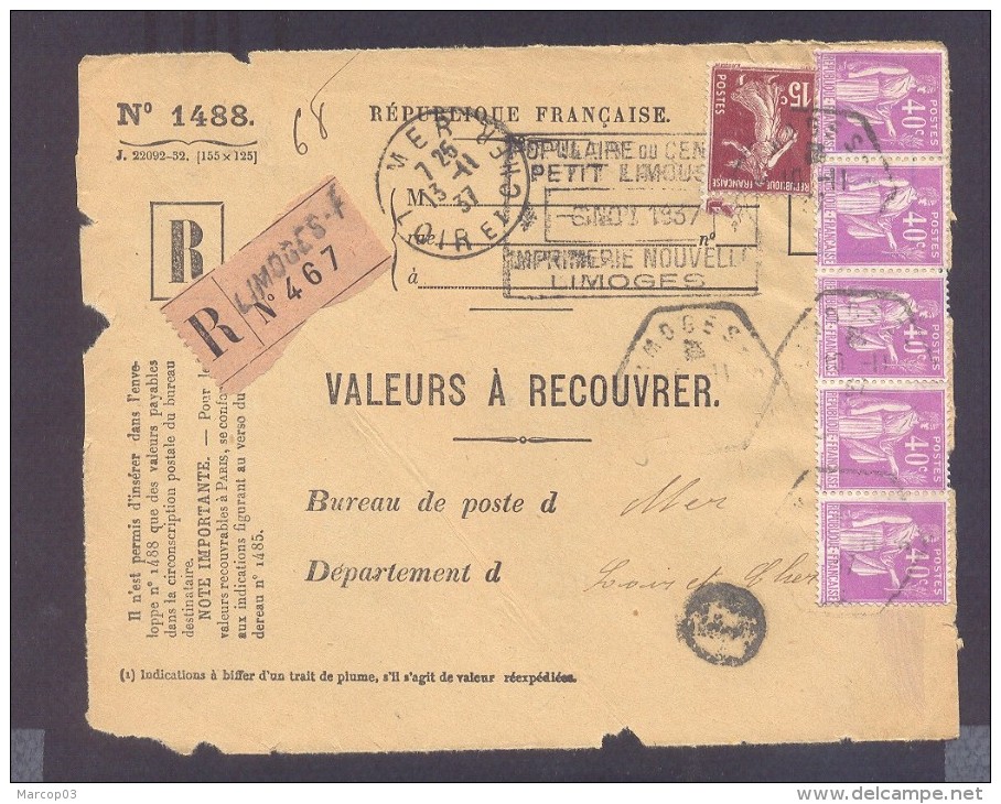 RECOUVREMENT / VALEURS A RECOUVRER Devant Env 1488 Tarif 2,15 Fr Tarif 12/07/1937  40 C Paix 15 C Semeuse - 1921-1960: Période Moderne