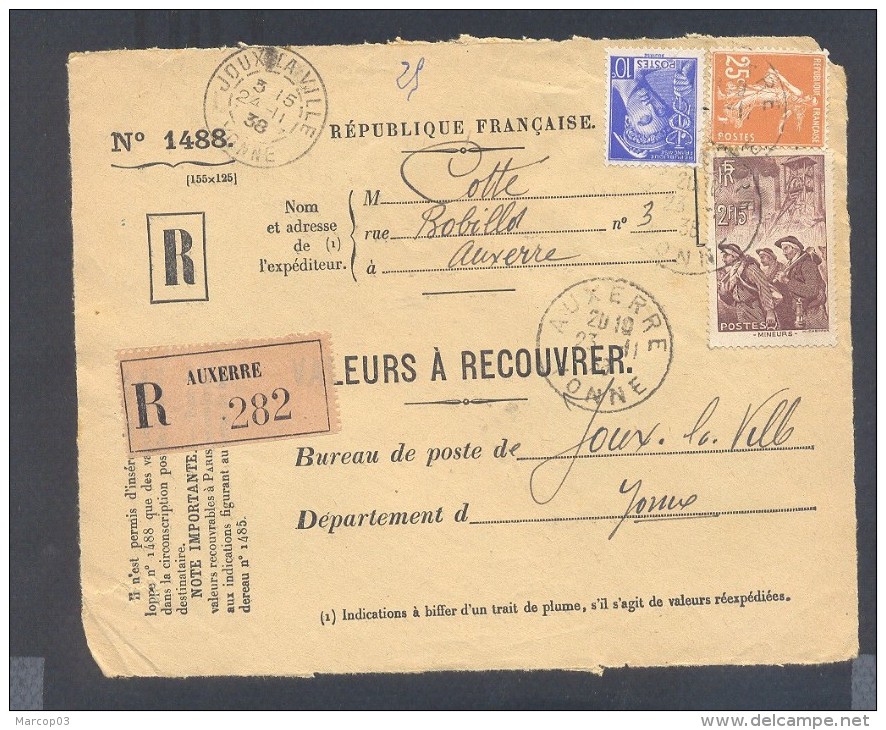 RECOUVREMENT / VALEURS A RECOUVRER Devant Env 1488 Tarif 2,50 Fr Tarif 17/11/1938  2,15 Frs Mineurs - 1921-1960: Période Moderne