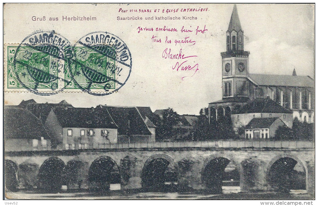 CPA Gruss Aus Herbitzheim - Saarbrücke Und Katholische Kirche - Autres & Non Classés