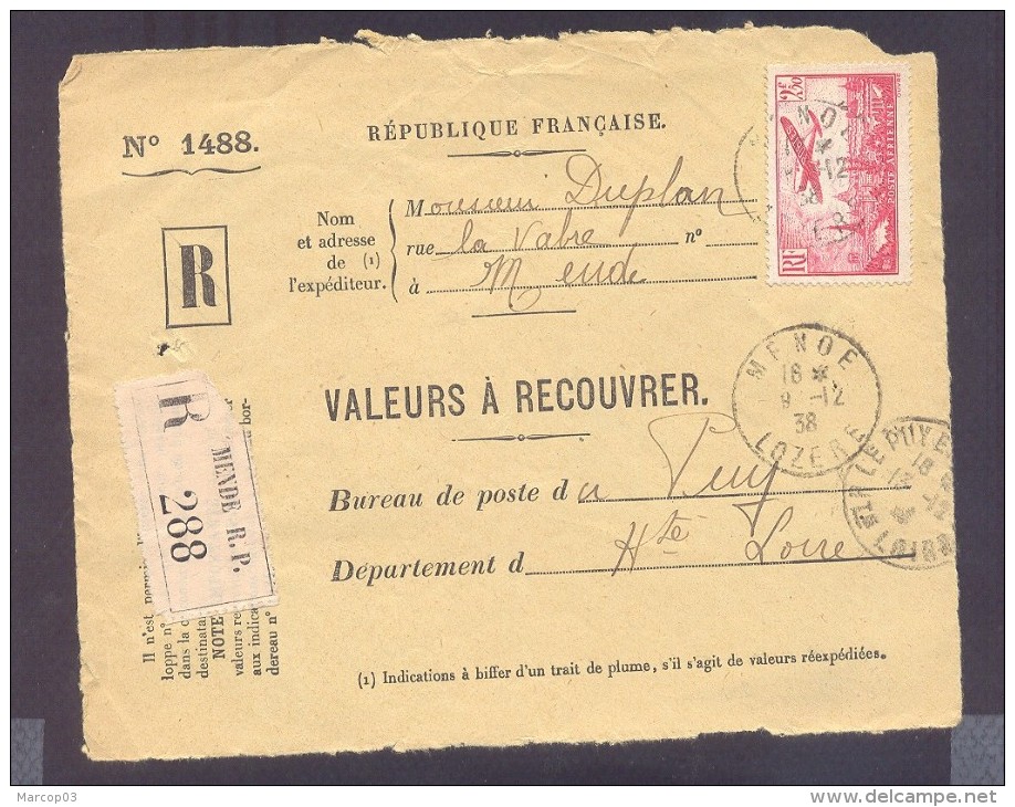 RECOUVREMENT / VALEURS A RECOUVRER Devant Env 1488 Tarif 2,50 Fr Tarif 17/11/1938  2,50 Avion - 1921-1960: Période Moderne